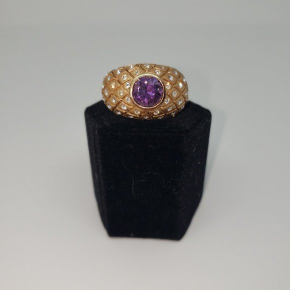 BEAUTIFUL!! Simulated Amethyst & Clear Gemstone Gold Tone Ring Size 8 - Picture 2 of 9
